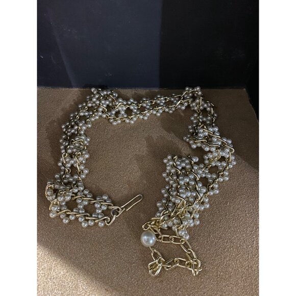 Beaded Belt Gold Tone Faux Pearl Chain Hook Closure Adjustable Fashion Accessory - Picture 2 of 10